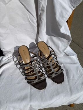 ANTONIO MELANI Silver Rhinestone Strappy Heeled Slides